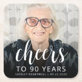 90e verjaardag Party Foto Wit Script Cheers Kartonnen Onderzetters (Voorkant)