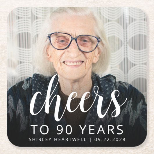 90e verjaardag Party Foto Wit Script Cheers Kartonnen Onderzetters (Voorkant)