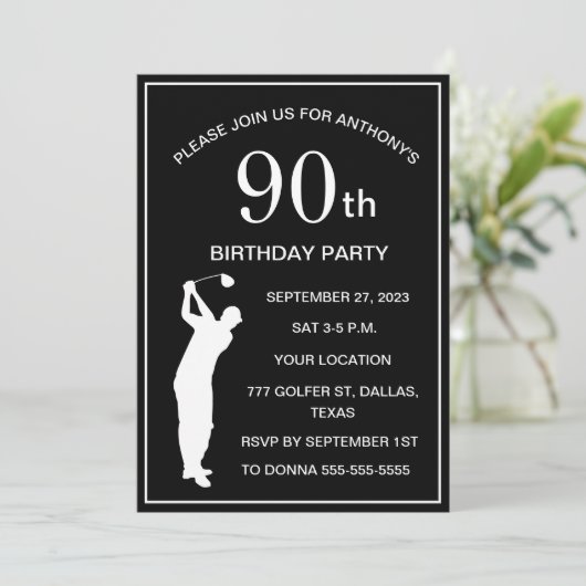 90e verjaardag Party Golfer Zwart Par Volwassen Go Kaart (Staand voorkant)