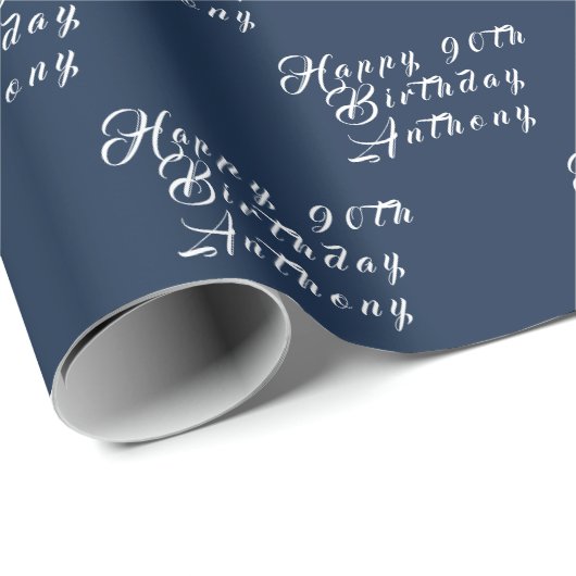 90e verjaardag Party Naam Marine Blauw Modern Patr Cadeaupapier (Rol Hoek)