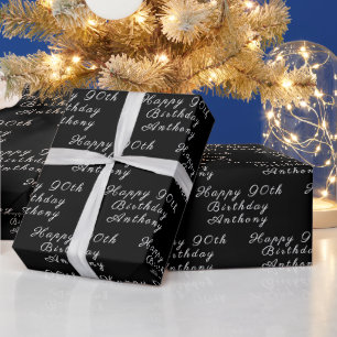 90e verjaardag Party Naam Zwart Modern Patroon Cadeaupapier