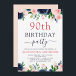 90e Verjaardag Party Navy Blauw Blush Roze Bloemen Kaart<br><div class="desc">De 90e verjaardagsfeestuitnodigingen van Navy Blue en Blush Pink Floral Flowers and Greenery Waterverf omvatten prachtige en elegante scripttypografie met moderne botanische blush roze bloemen en Navy Blue voor de speciale viering van negentig jaar oud.</div>