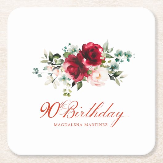 90e Verjaardag Party Rood Roze Bloemen Custom Kartonnen Onderzetters (Voorkant)