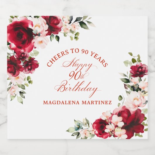 90e Verjaardag Party Rood Roze Bloemen Custom Sparkling Wijnetiket (Enkel label)
