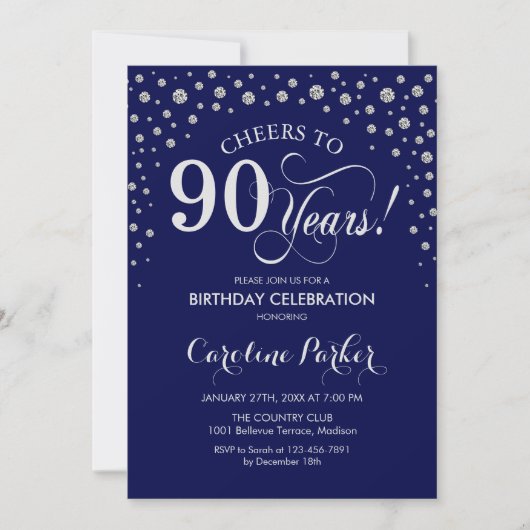 90e verjaardag Party uitnodiging - Zilver Navy Bla (Voorkant)