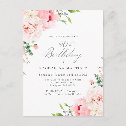 90e Verjaardag Party Vrouwelijke Roze Bloemen Invi Uitnodiging Briefkaart (Voorkant)