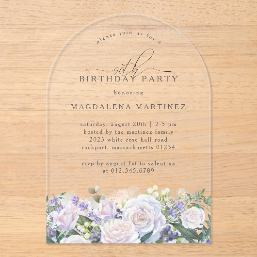 90e Verjaardag Party Witte Roos Blauwe Bloemenboog Acryl Uitnodigingen (Voorkant)