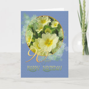 90e verjaardag Primroses en blauw Kaart