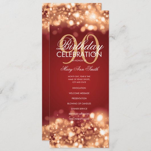 90e verjaardag programma Glam Lights Rood Goud Men Programmakaart (Voorkant / Achterkant)