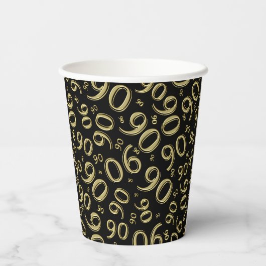 90e verjaardag Random Number Pattern Black/Gold 90 Papieren Bekers (Achterkant)