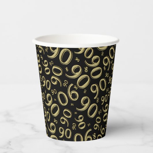 90e verjaardag Random Number Pattern Black/Gold 90 Papieren Bekers (Voorkant)
