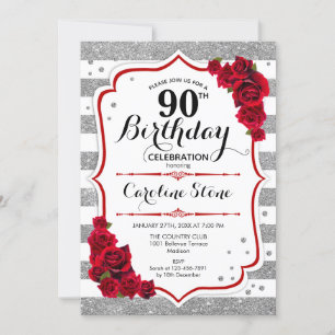 90e verjaardag - Red Silver White Stripes Rozen Kaart