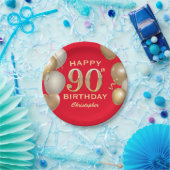 90e verjaardag Rode en gouden ballonnen op de Rode Papieren Bordje (Feest)