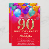 90e verjaardag Rode en goudkleurige ballonnen Kaart (Voorkant / Achterkant)