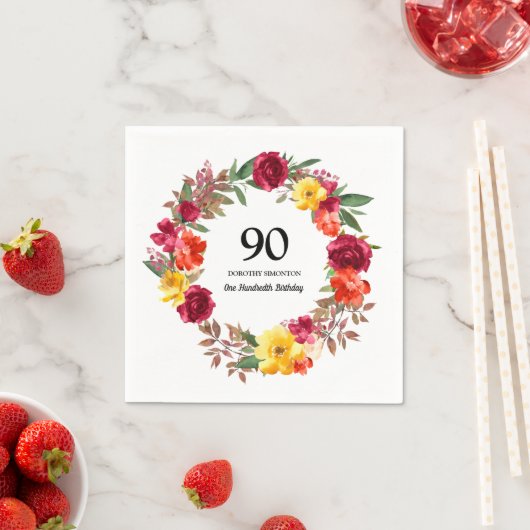 90e verjaardag Rode Oranje Gele Herfst Floral Servet (Insitu)