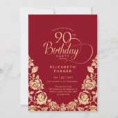 90e verjaardag rood gouden Rozen Kaart (Voorkant)