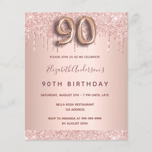 90e verjaardag roos goud glitter budget uitnodigin flyer (Voorkant)