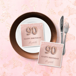 90e verjaardag roos goud glitter roze ballonstijl servet