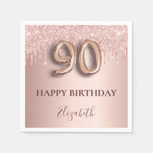 90e verjaardag roos goud glitter roze ballonstijl servet (Voorkant)