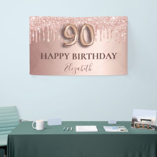 90e verjaardag roos goud glitter roze ballonstijl spandoek (Beurs)