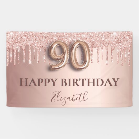 90e verjaardag roos goud glitter roze ballonstijl spandoek (Horizontaal)