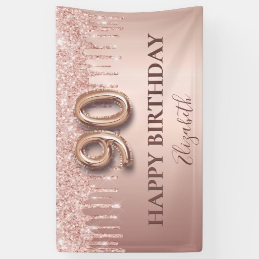 90e verjaardag roos goud glitter roze ballonstijl spandoek (Verticaal)