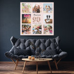 90e verjaardag roos goud roze aangepaste fotocolla imitatie canvas print<br><div class="desc">Een unieke gave voor een negentigste verjaardag, die haar leven viert met een collage van acht van je eigen foto's, afbeeldingen. Pas haar naam en een datum aan en voeg deze toe. Een roos goudkleurige, wazige roze achtergrond. De naam wordt geschreven met een modern handgeschreven stijlmanuscript, aantal 90 met een...</div>