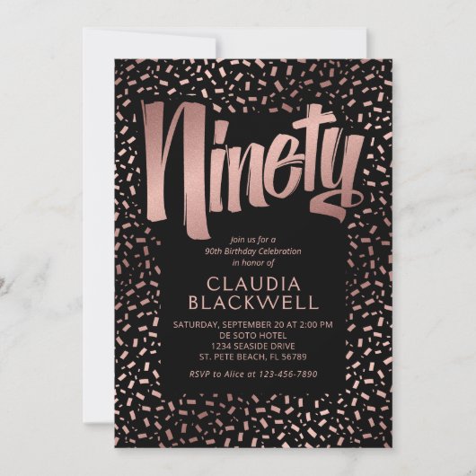 90e Verjaardag Roos Gouden Confetti Kaart (Voorkant)