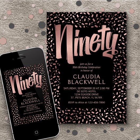 90e Verjaardag Roos Gouden Confetti Kaart