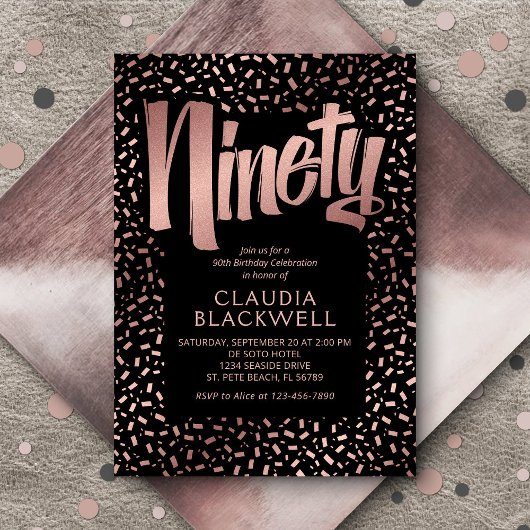 90e Verjaardag Roos Gouden Confetti Kaart