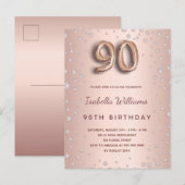 90e verjaardag roos gouden diamanten ballonscript briefkaart (Voorkant / Achterkant)