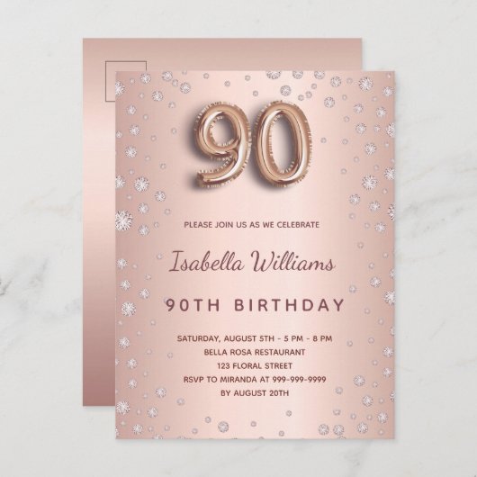 90e verjaardag roos gouden diamanten ballonscript briefkaart (Voorkant / Achterkant)