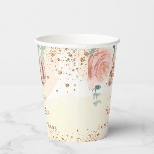 90e verjaardag roos gouden florale glitter golden  papieren bekers (Rechts)