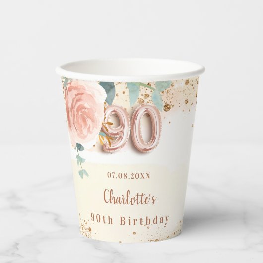 90e verjaardag roos gouden florale glitter golden  papieren bekers (Voorkant)