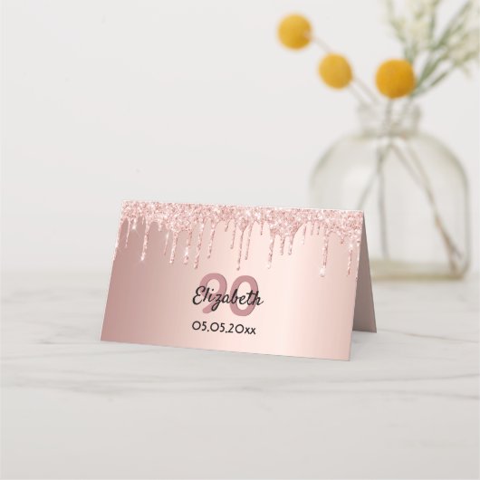 90e verjaardag roos gouden glitter roze glans plaatskaartje (Voorkant)