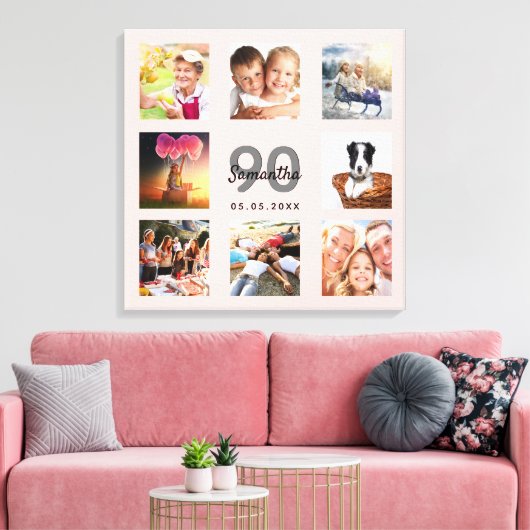 90e verjaardag roos gouden naam foto collage canvas afdruk (Insitu (Woonkamer))