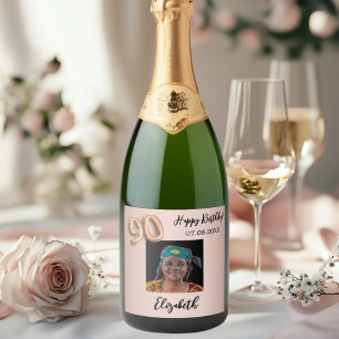90e Verjaardag roos gouden roze foto Sparkling Wijnetiket