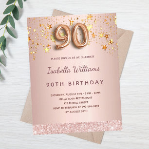 90e verjaardag roos gouden roze sterren ballonschr briefkaart