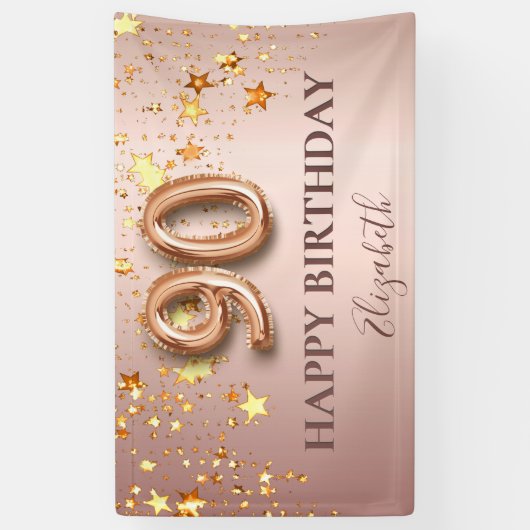 90e verjaardag roos gouden sterren roze ballonschr spandoek (Verticaal)