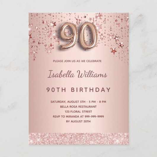 90e verjaardag roos gouden sterren uitnodiging (Voorkant)
