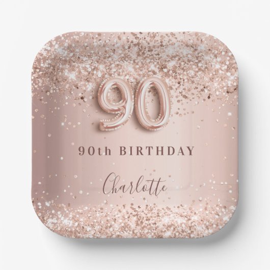 90e verjaardag roos gouden zwarte glitter naam papieren bordje (Voorkant)