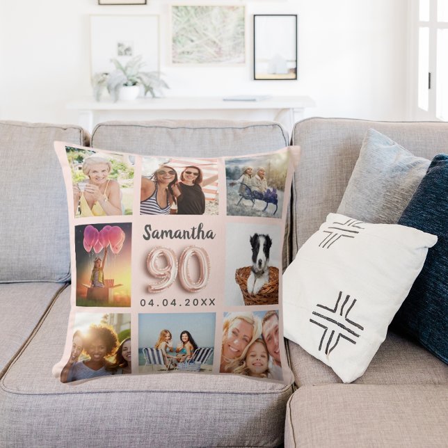 90e verjaardag roos goudkleurig roze fotocollage kussen (Creator heeft geüpload)
