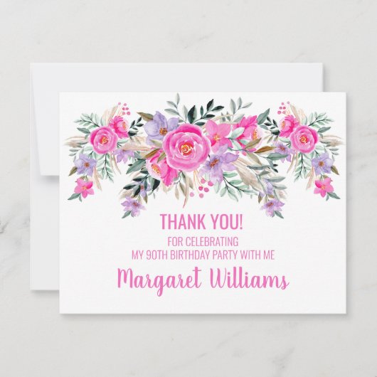 90e verjaardag roze floral bedankkaart (Voorkant)
