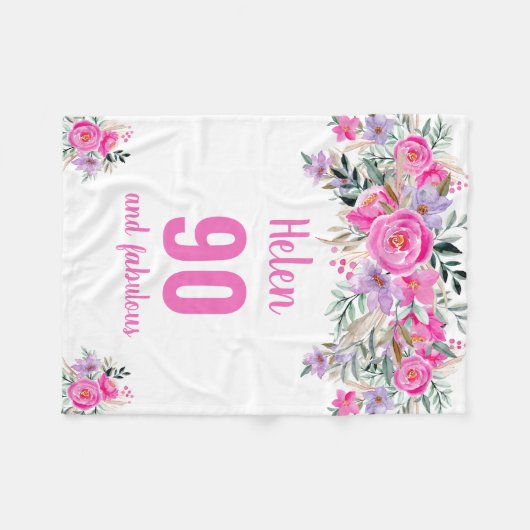 90e verjaardag roze floral fleece deken (Voorkant (Horizontaal))