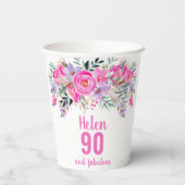 90e verjaardag roze floral papieren bekers (Achterkant)