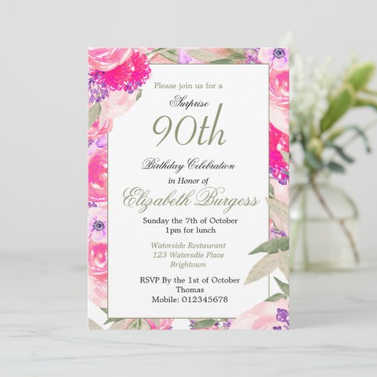 90e verjaardag Roze Floral Roos Grafische verjaard Kaart (Staand voorkant)