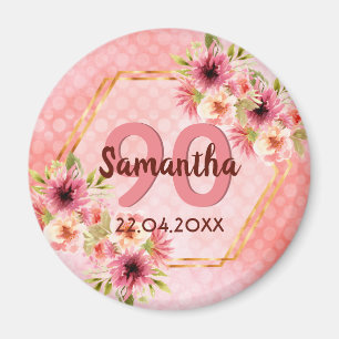 90e verjaardag roze floral save the date magneet
