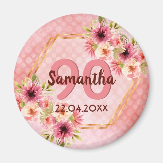 90e verjaardag roze floral save the date magneet (Voorkant)