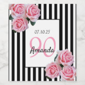 90e verjaardag roze floralen op zwarte witte strep wijn etiket (Enkel label)