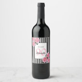 90e verjaardag roze floralen op zwarte witte strep wijn etiket (Voorkant)